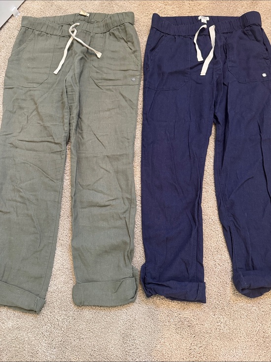 Roxy Pants - Pair of  Roxy Casual Drawstring Linen Pants - Olive Green & Navy